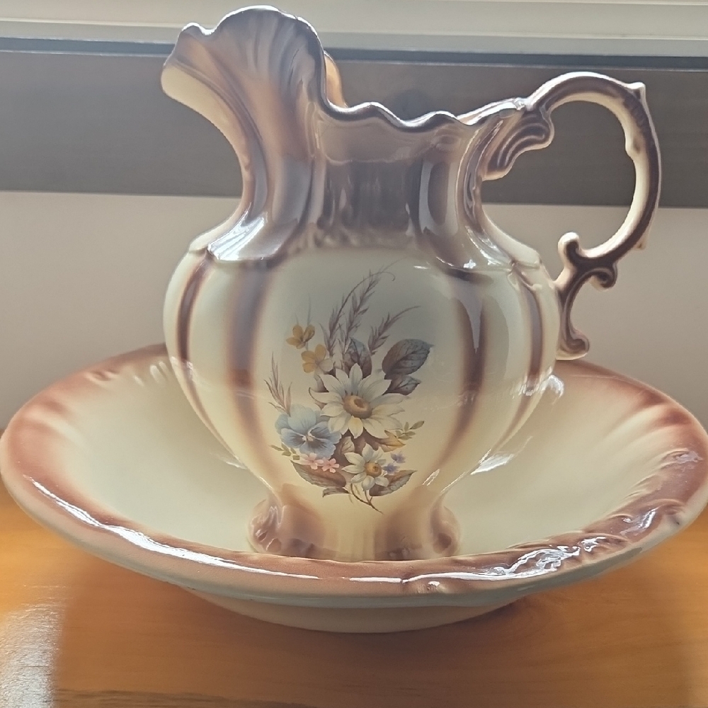 Floral Ceramic Pitcher and Bowl Set